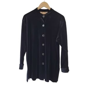 VTG 70's Black Button-Up Long Sleeve Velvet Shirt Sz Small Whimsygoth Grunge